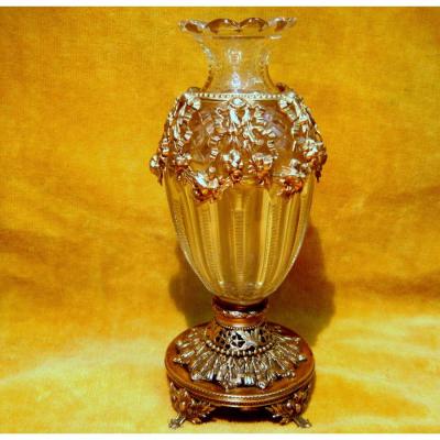 Petit Vase Cassolette Cristal Taillé St LXVI Monture Doré Nap III