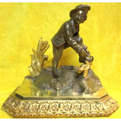 Sculpture Patineur sur Glace Entrain de Chausser ses Patins Bronze époque Restauration St18éme 