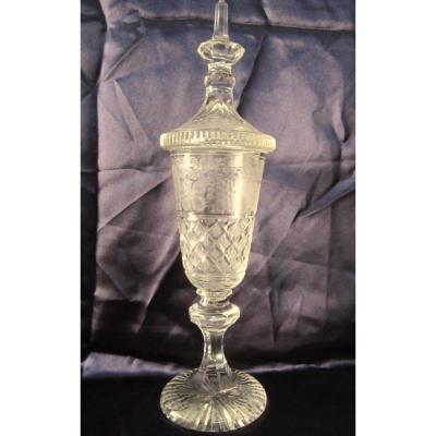Grand Drageoir Pokal Couvert Cristal Bohéme Taillé Gravé Raisins 19-20éme