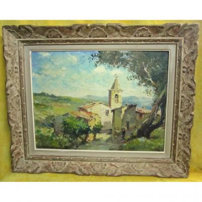 Village Corsica Oil On Canvas  Painter Corsica Tony Cardella (1898-1976) Frame Montparnasse