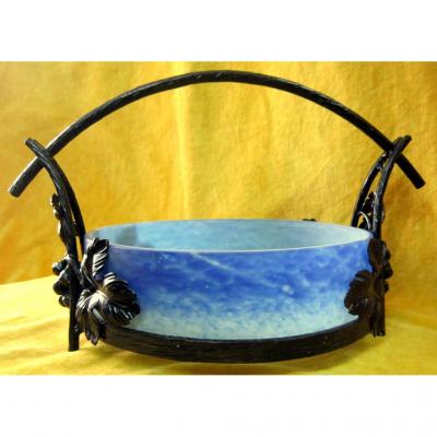 Cut Glass Pate Blue Frame Wrought Iron Art Deco 1930