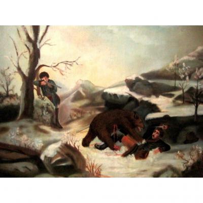 Brown Bear Hunting Grizzly Tragic On Canvas 1883 Ag (?)