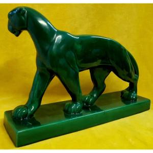 Sculpture Panther Leopard Earthenware St Clément Art Deco 30-50 Style Jouve, Le Jean.