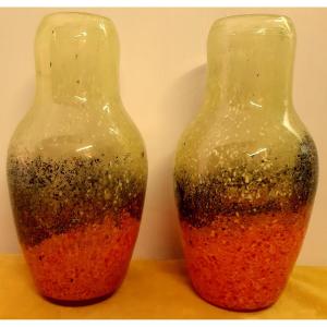 Paires Grands Vases Balustres  Murano Soufflés Vintage Couleur éruption Volcanique 