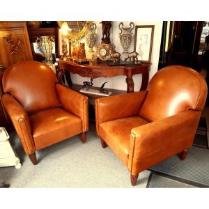  Club Armchair 1930 Art Deco Reclining Rounded Folder Havana Leather.