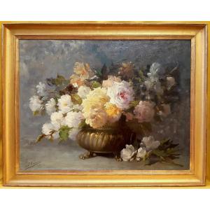 Large Bouquet Of Blooming Flowers In A Nap III Planter By E. Ampenot 1905