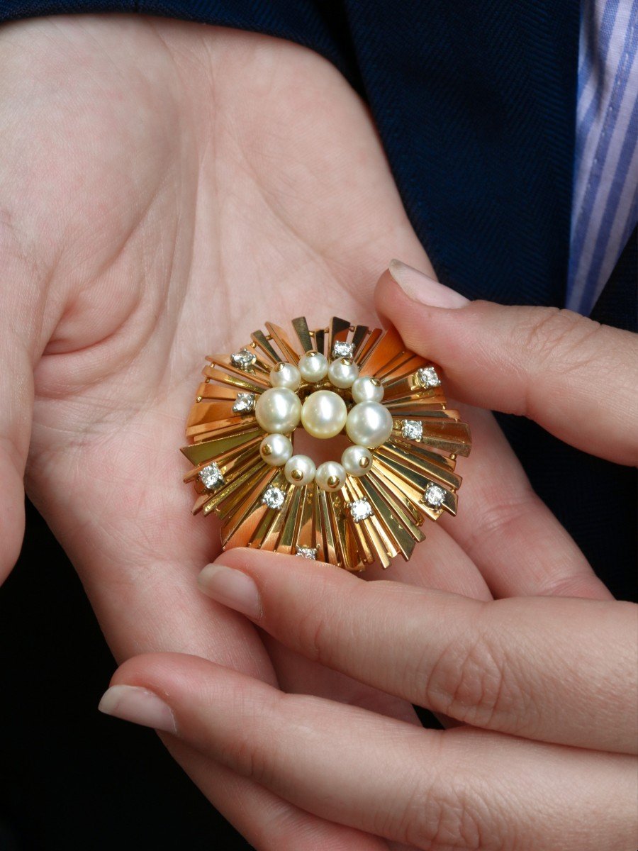 Broche Bijou Vintage Soleil Couleur Or - Signée 3S - Référence 1714 - État Parfait