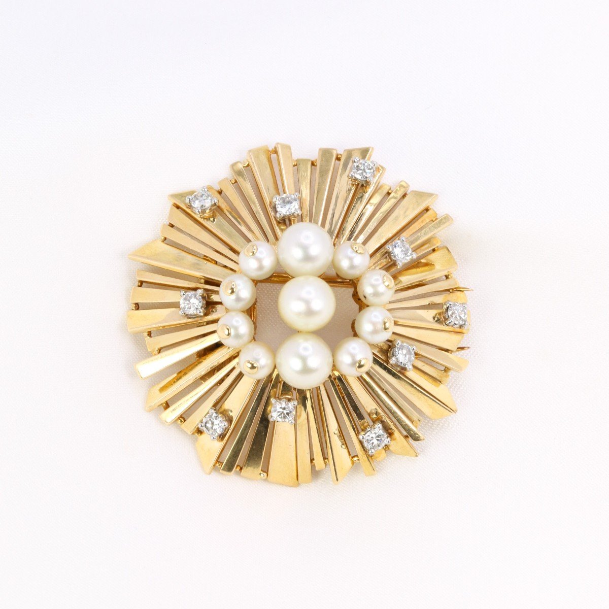 GRANDE BROCHE VINTAGE en forme de miroir soleil doré sunburst signé CCB