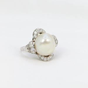 Art-deco Platinum Ring With Natural Pearl And Diamonds