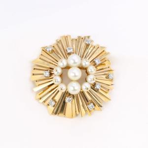 Cartier Sun Brooch In Gold And Platinum Set With Pearls And Diamonds 