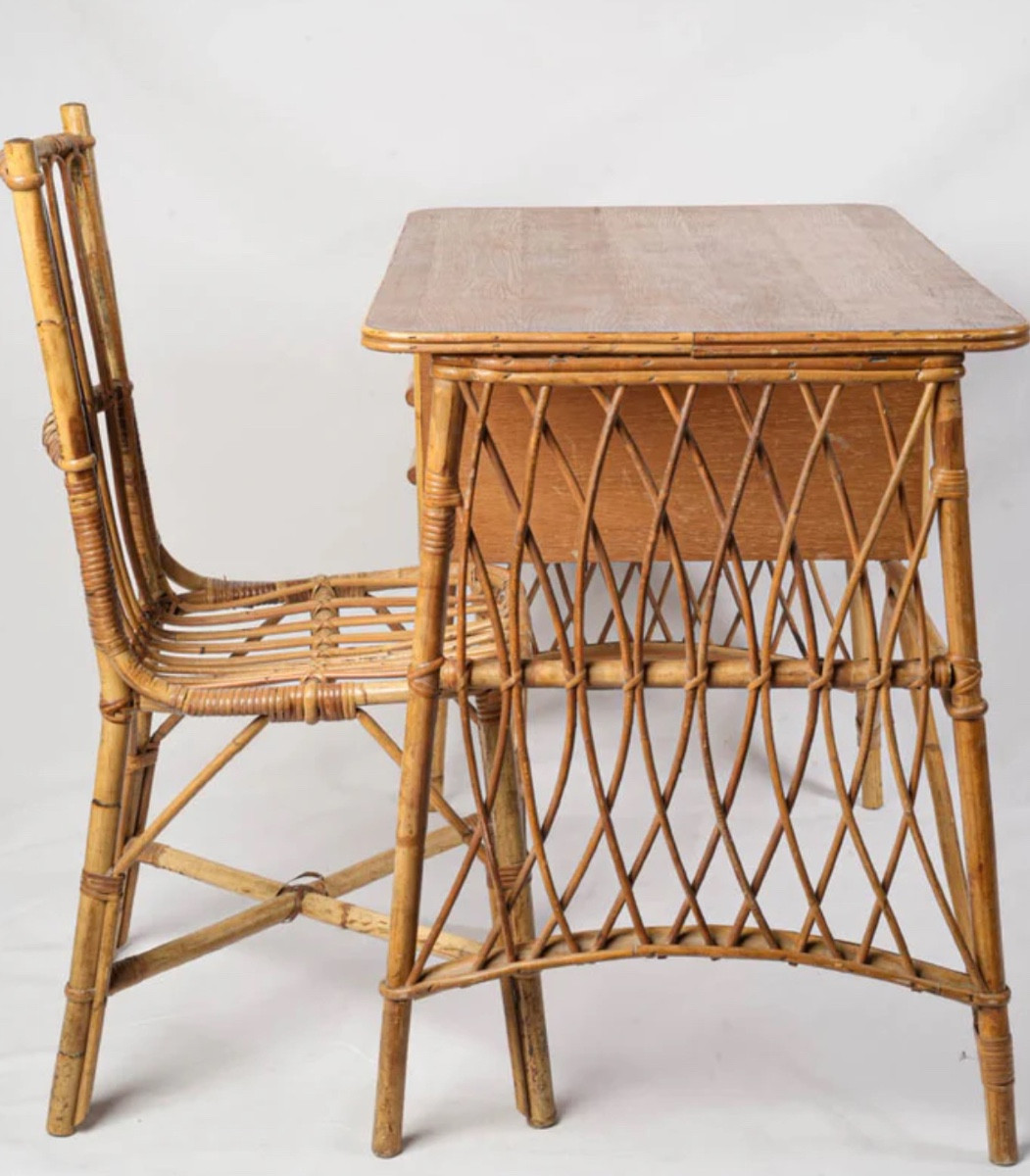 Desk And Its Rattan Chair Circa 1950.-photo-3