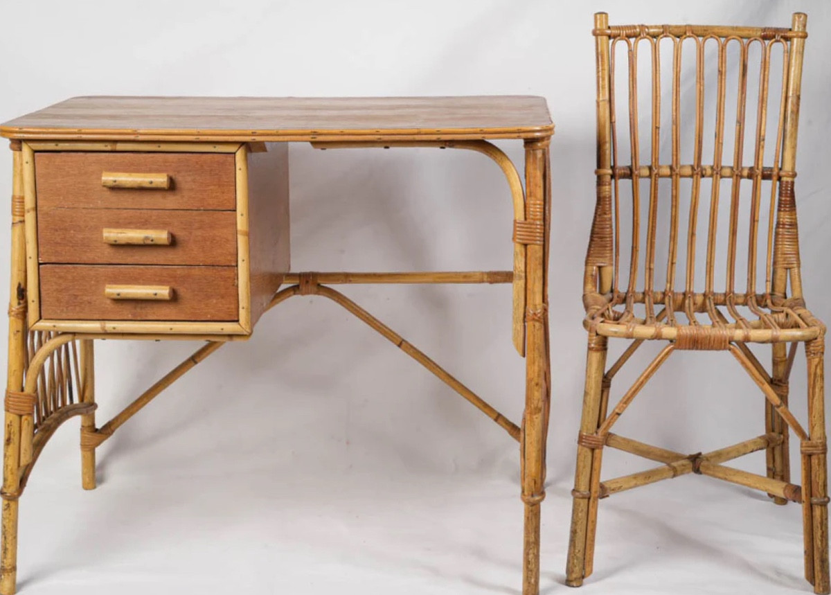 Desk And Its Rattan Chair Circa 1950.-photo-4