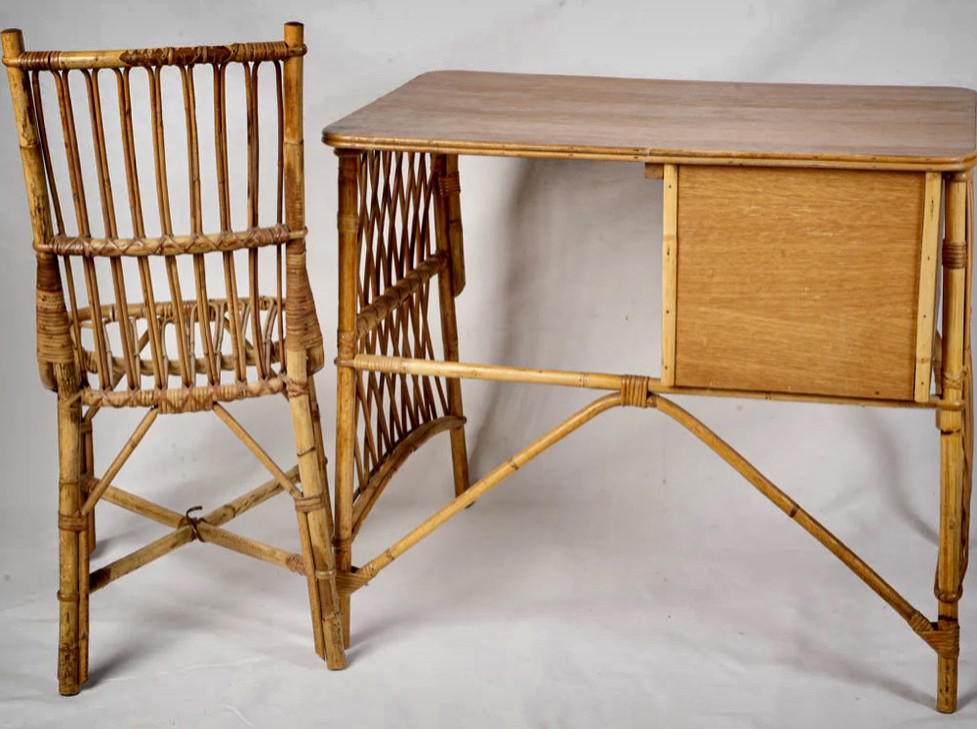 Desk And Its Rattan Chair Circa 1950.-photo-7