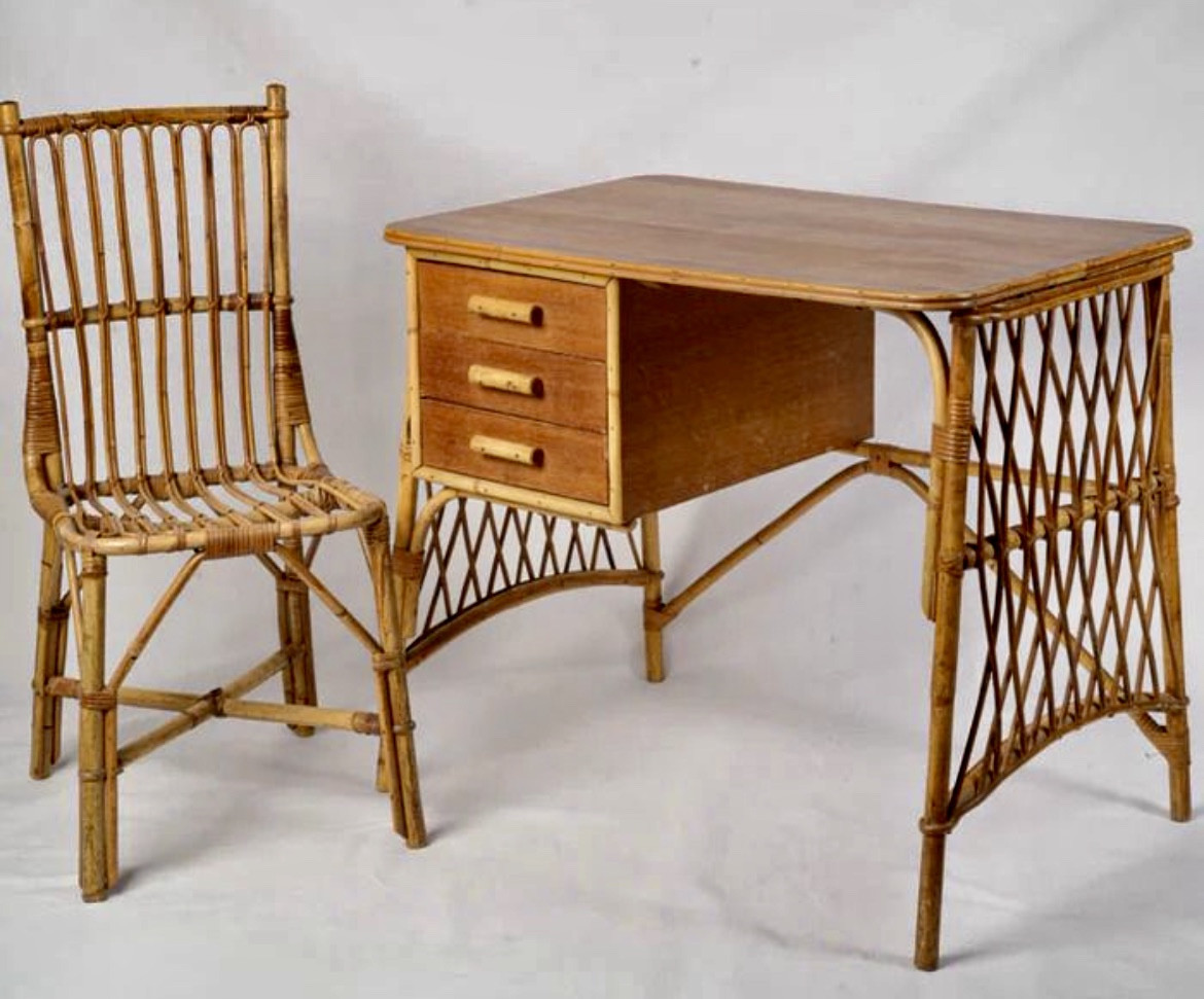 Desk And Its Rattan Chair Circa 1950.