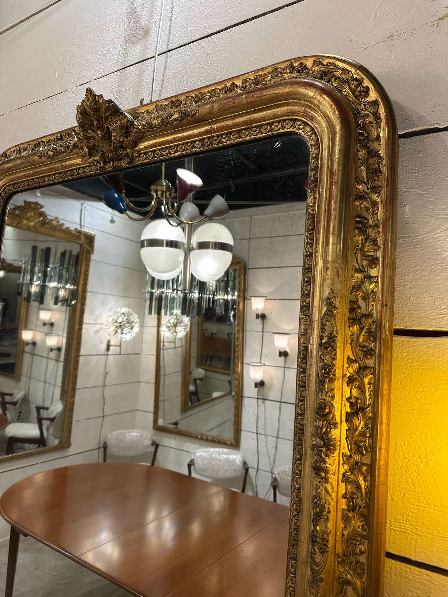 Miroir de cheminée français en bois et stuc doré du XIXe H. 144 cm-photo-4