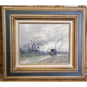 Olivier Sery Huile Sur Toile : Paysage Calèche 