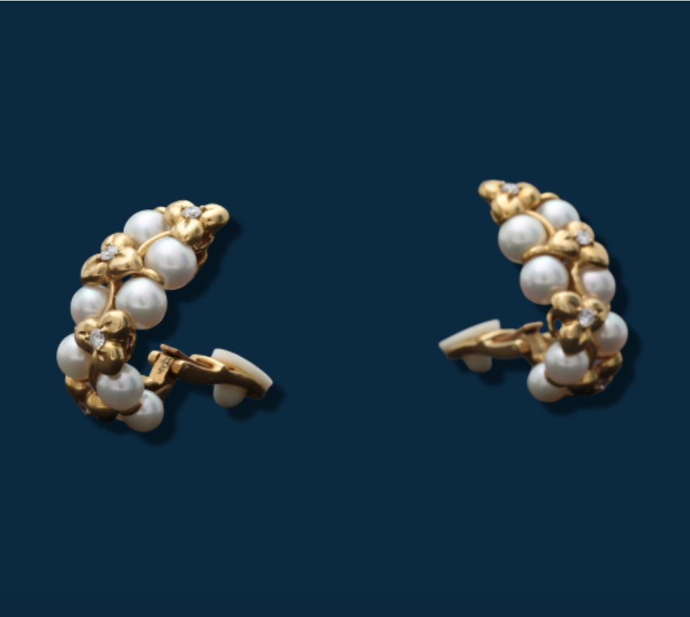 Boucles d'oreilles vintage fred or jaune et perles bubble