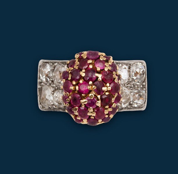 Bague vintage or jaune rouge drama