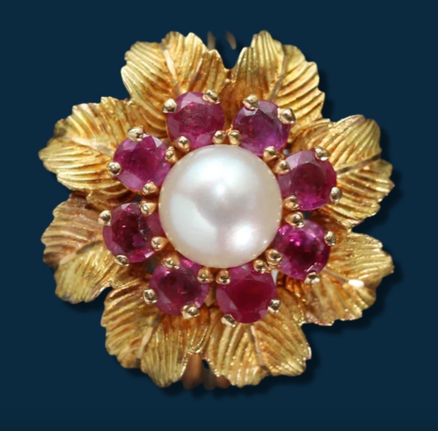 Bague vintage or jaune, perle et rubis true romance