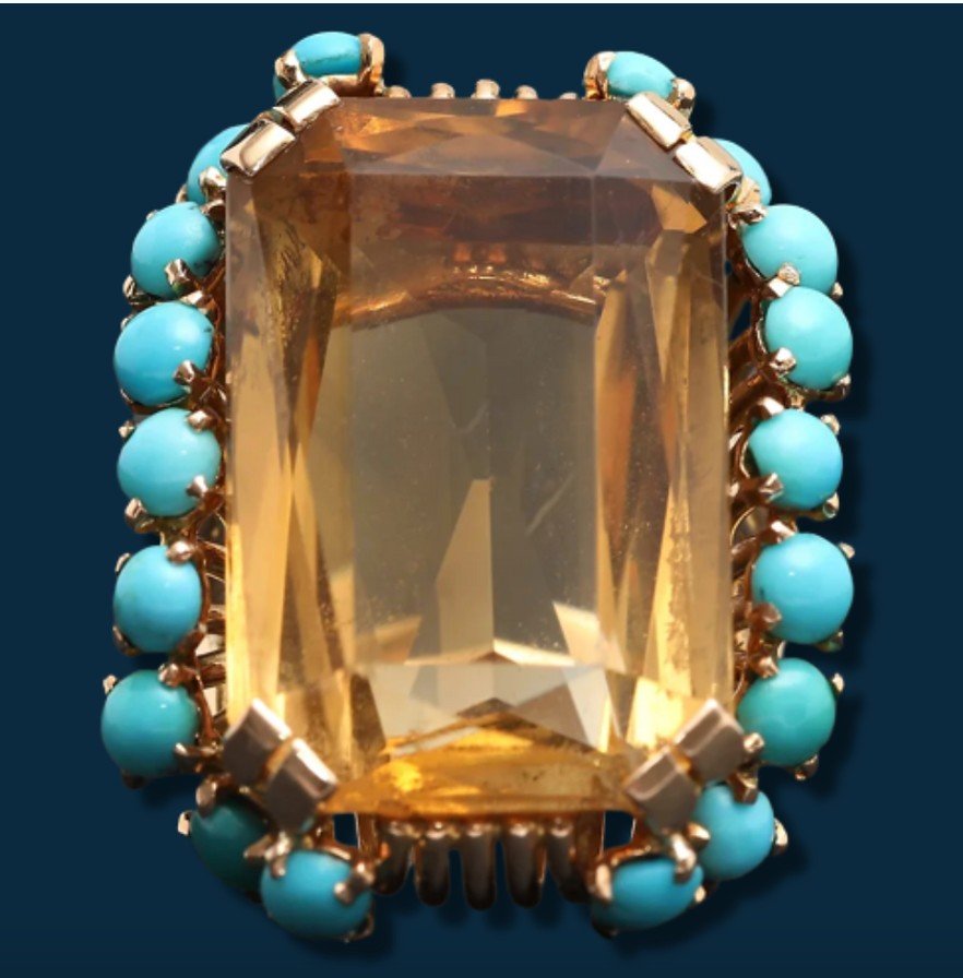 Bague vintage années 40 or jaune, citrine et turquoises brûlante passion