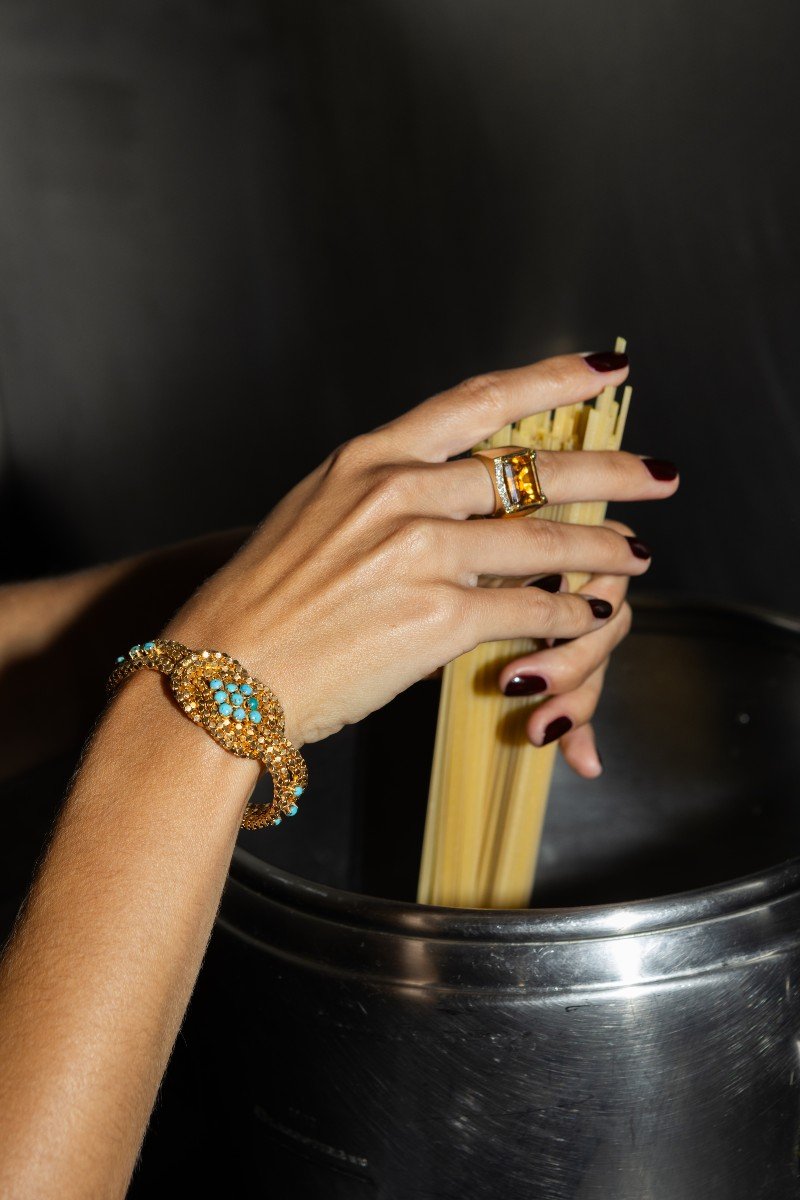 Vintage Yellow Gold And Turquoise Lovelace Bracelet-photo-4