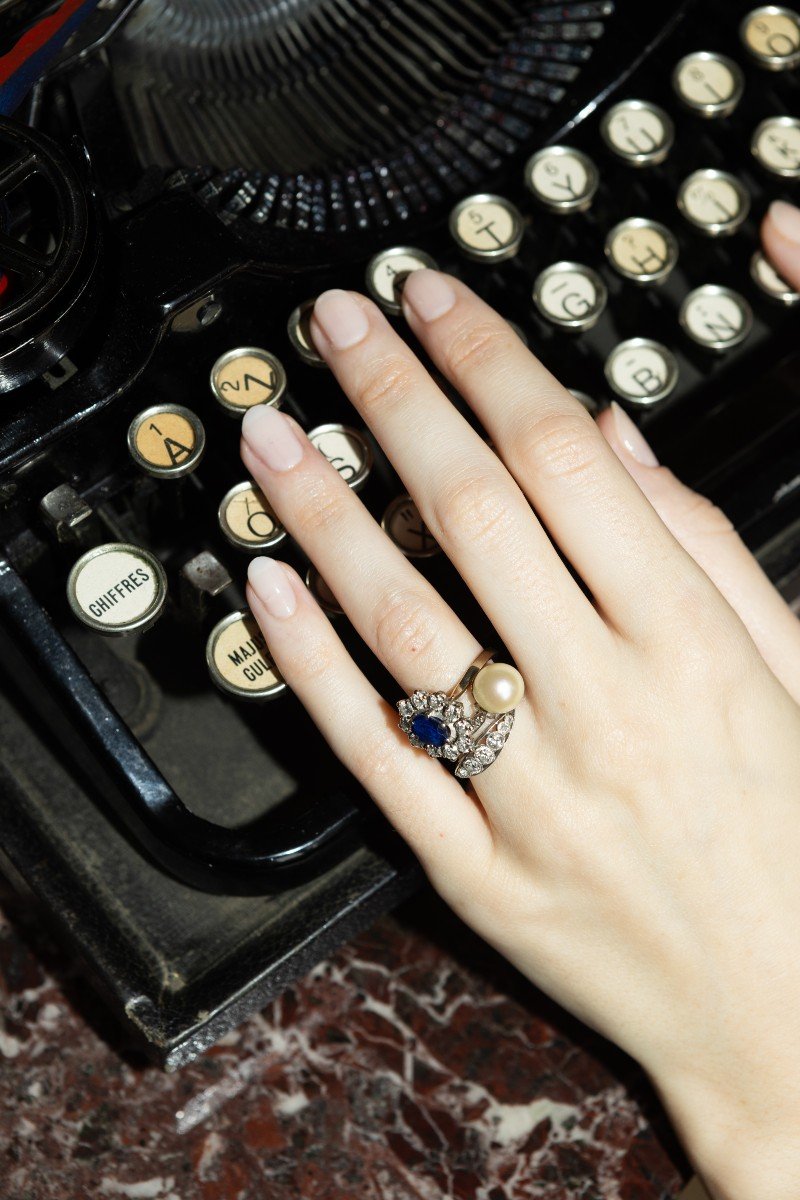 Vintage Ring In White Gold, Platinum, Pearl, Sapphire And Diamonds Enigmatic Legend-photo-1