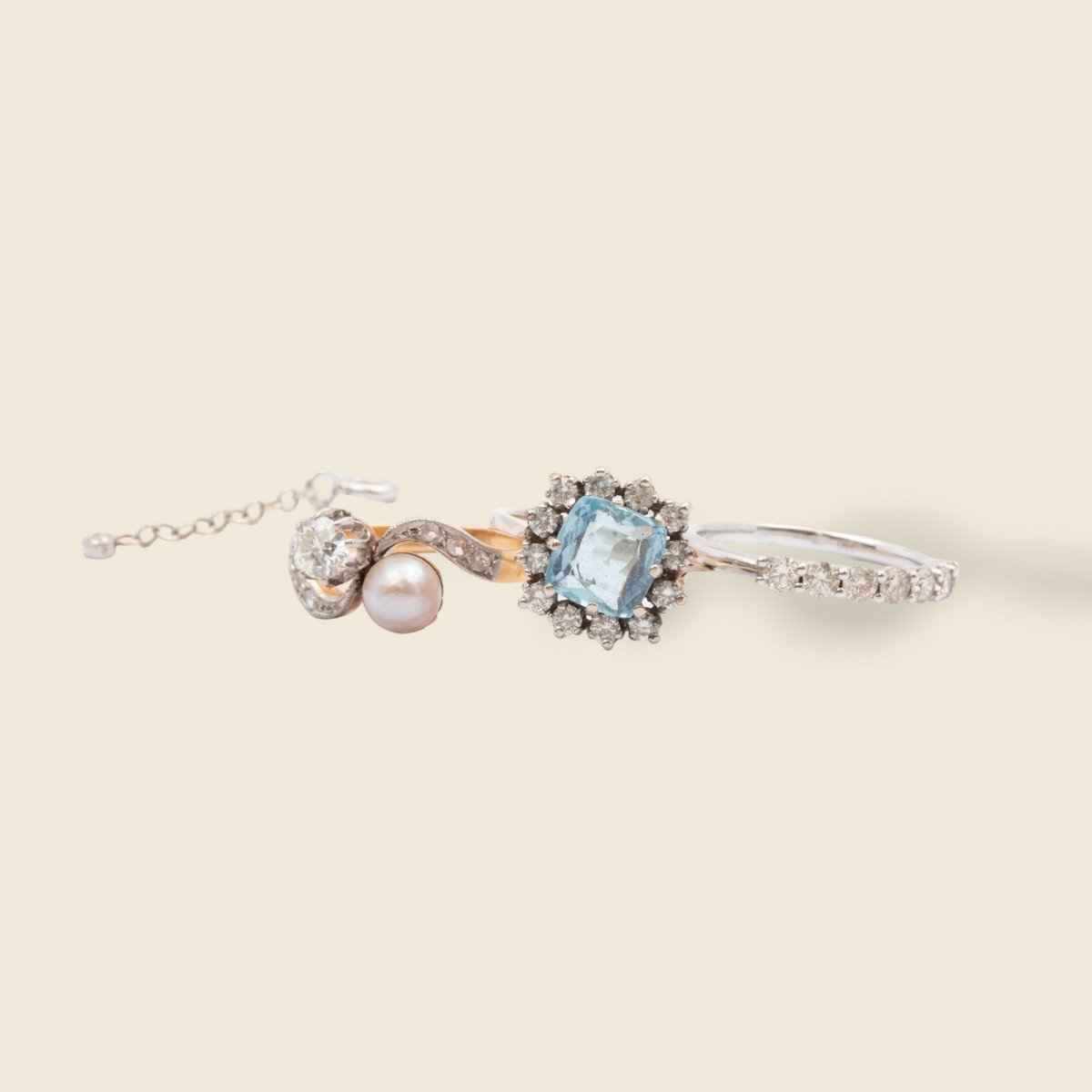Vintage Ring In White Gold, Yellow Gold, Pearl, Aquamarine And Diamonds Rêveuse Elsaissable-photo-2