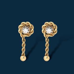 Boucles d'oreilles vintage or jaune, platine et diamants gouttes d'or