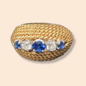 Vintage Ring Yellow Gold Sapphires And Diamonds Bomba