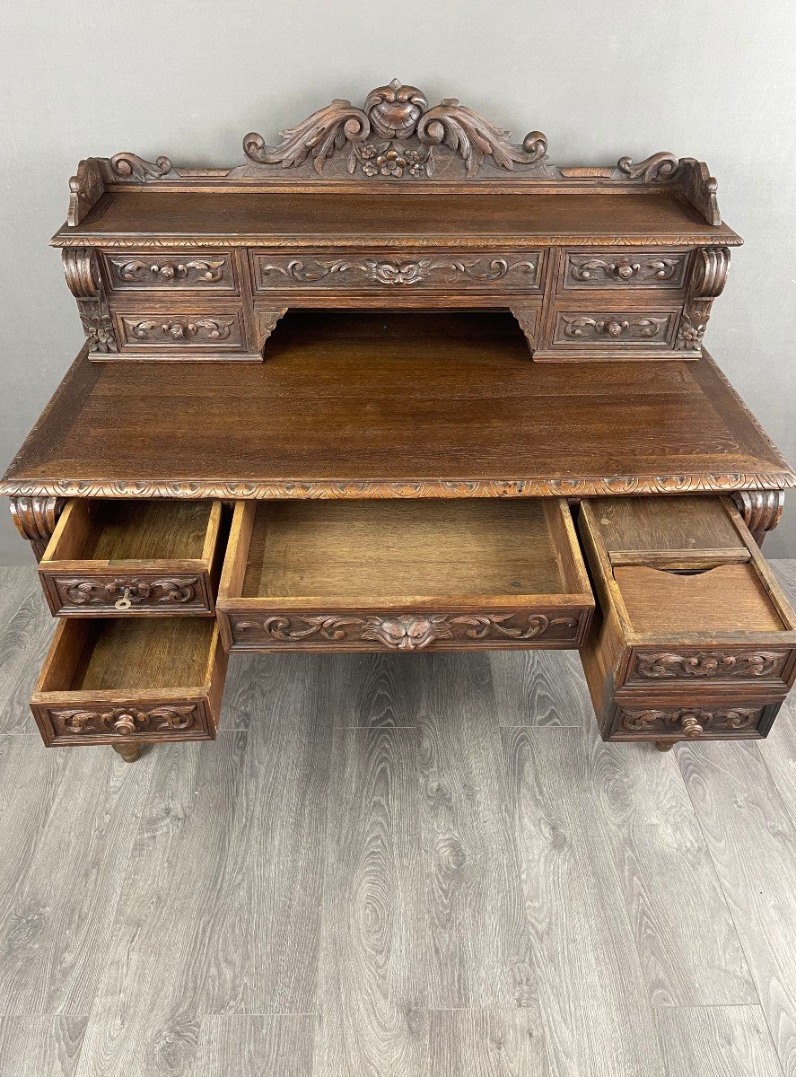 Renaissance Style Desk In Solid Oak Late 19th Century -photo-2