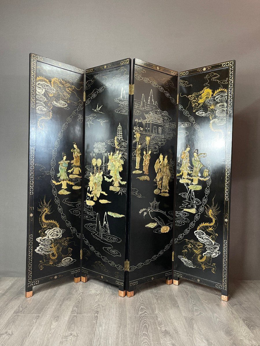 Vintage Chinese Screen Made Of Wood And Inlaid Stones 20th Century -photo-2