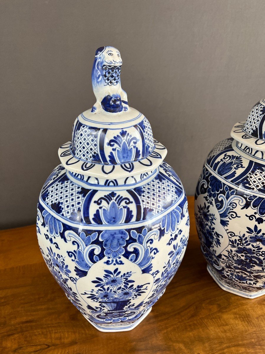 Pair Of Covered Vases In Delft Earthenware 19th Century -photo-2