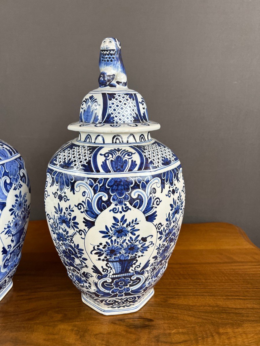 Pair Of Covered Vases In Delft Earthenware 19th Century -photo-3