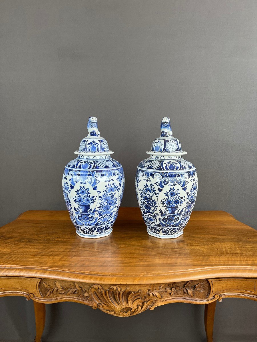 Pair Of Covered Vases In Delft Earthenware 19th Century -photo-4