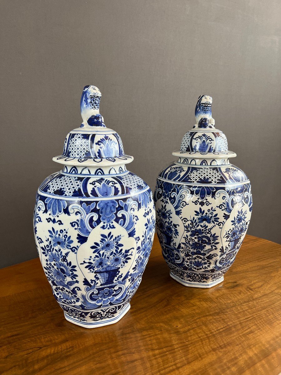Pair Of Covered Vases In Delft Earthenware 19th Century -photo-1
