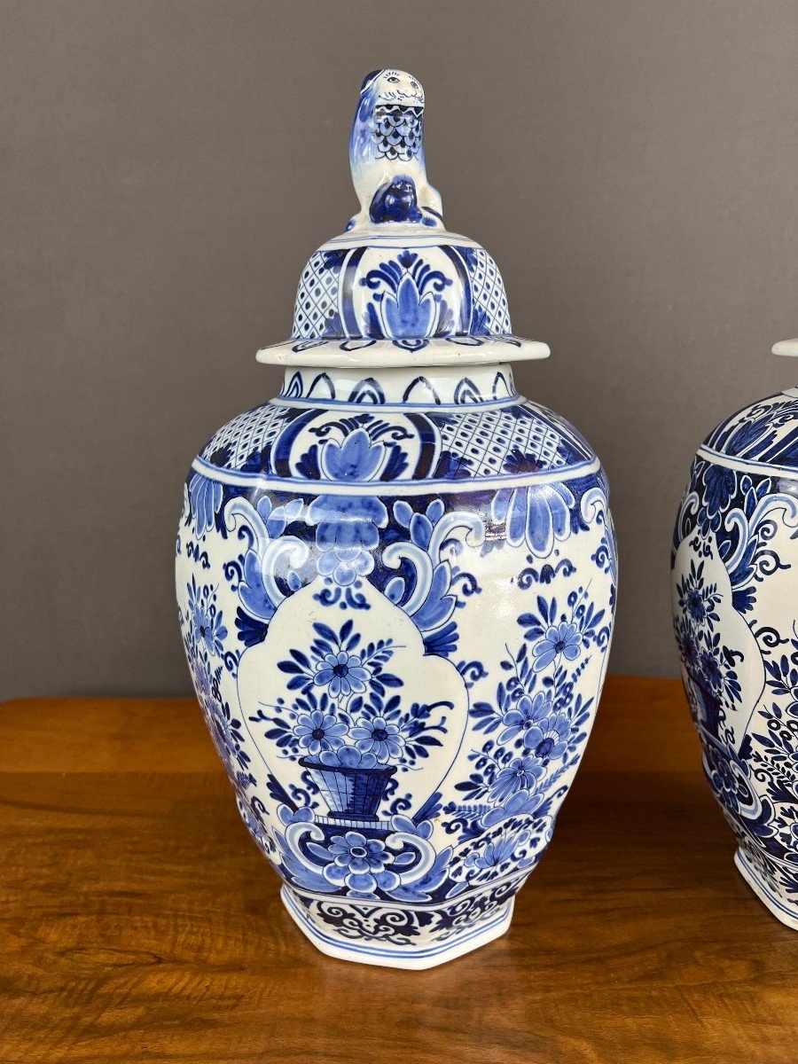 Pair Of Covered Vases In Delft Earthenware 19th Century -photo-2