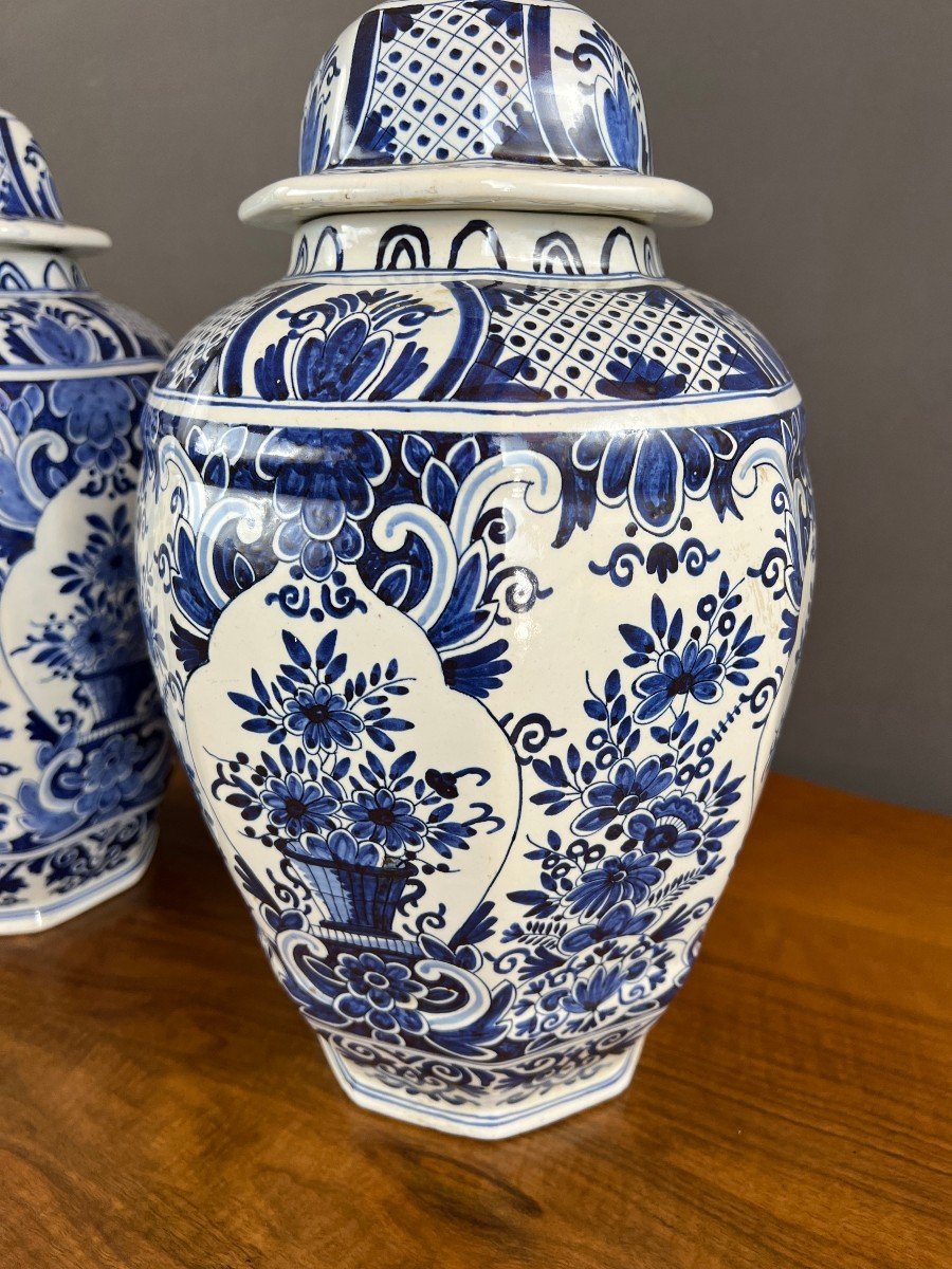 Pair Of Covered Vases In Delft Earthenware 19th Century -photo-3