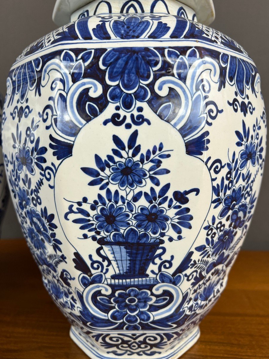 Pair Of Covered Vases In Delft Earthenware 19th Century -photo-5