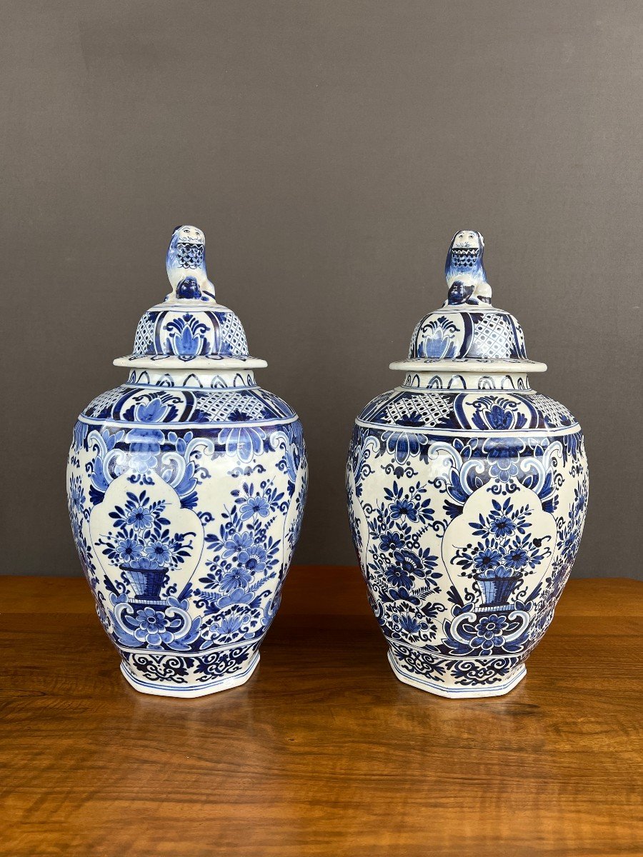 Pair Of Covered Vases In Delft Earthenware 19th Century 