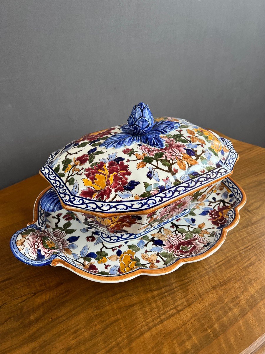 Tureen And Dish Gien Decor Peonies 20th Century -photo-3