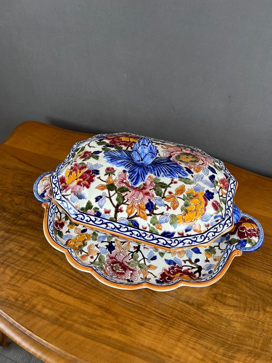 Tureen And Dish Gien Decor Peonies 20th Century -photo-2