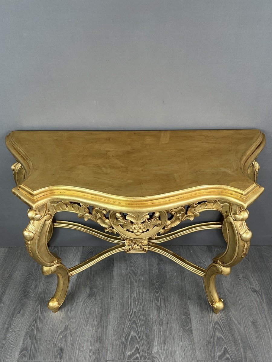 Elegant Golden Console With Carved Details 20th Century -photo-3
