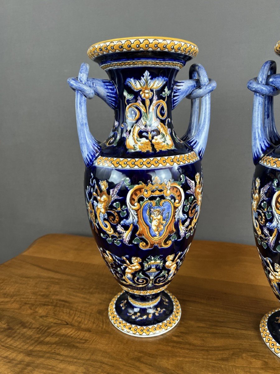 Pair Of Gien Ceramic Vases Magnificent Renaissance Decor 20th Century -photo-3