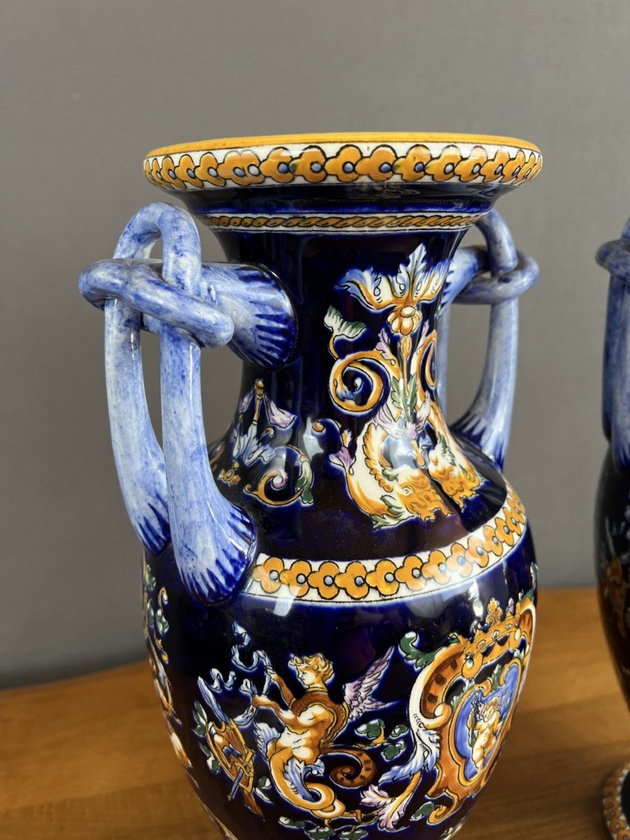 Pair Of Gien Ceramic Vases Magnificent Renaissance Decor 20th Century -photo-4