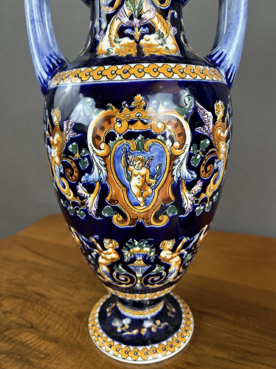 Pair Of Gien Ceramic Vases Magnificent Renaissance Decor 20th Century -photo-1