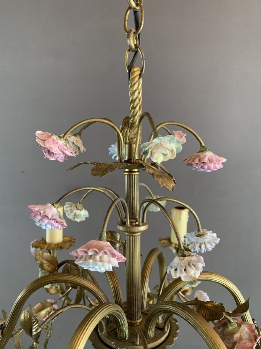 Lustre Floral En Porcelaine Et Laiton XXe Siècle -photo-2