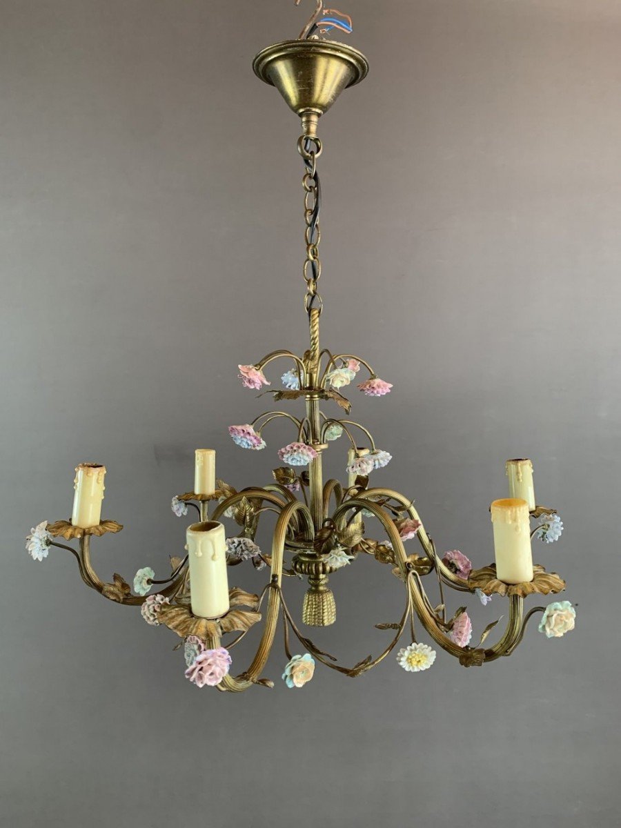 Lustre Floral En Porcelaine Et Laiton XXe Siècle -photo-3