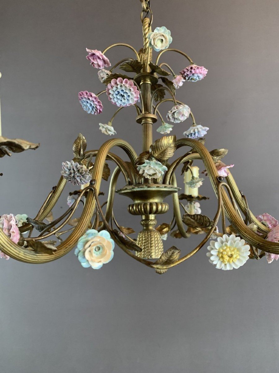 Lustre Floral En Porcelaine Et Laiton XXe Siècle -photo-1