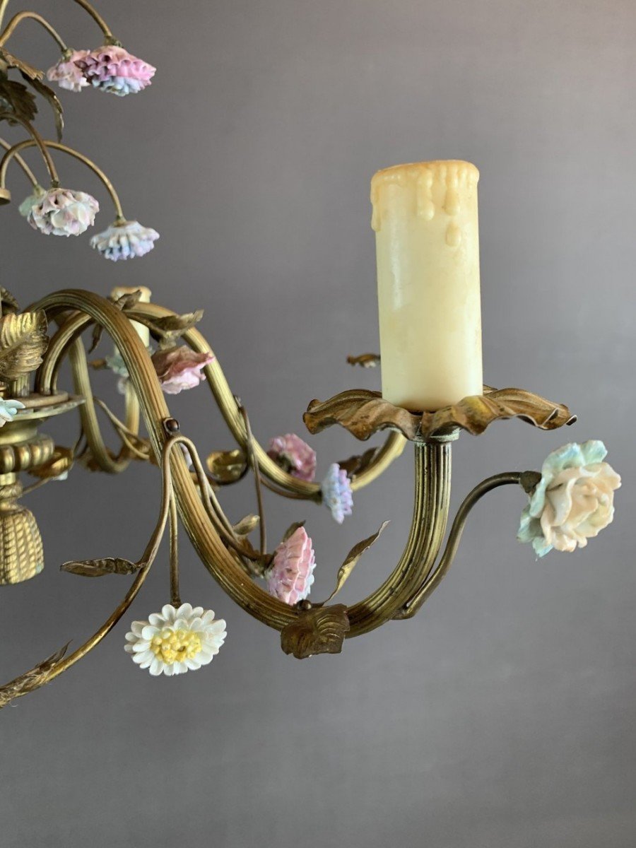 Lustre Floral En Porcelaine Et Laiton XXe Siècle -photo-2