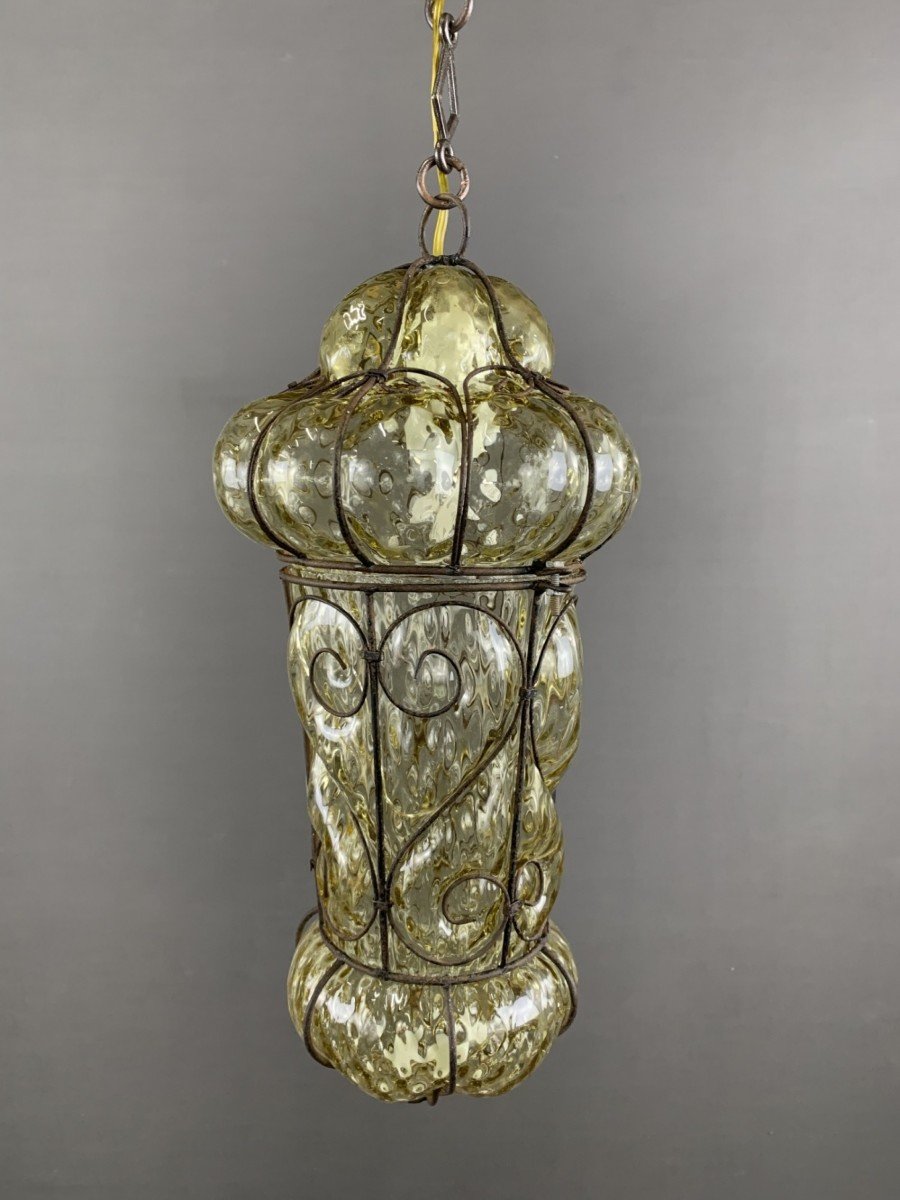 Suspension Lanterne En Métal Et Verre De Murano Du XIXe Siècle-photo-2